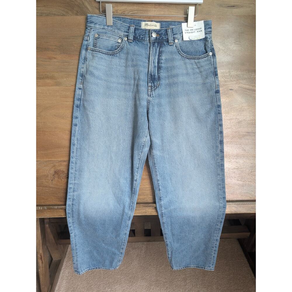 NWT Madewell Jeans Mens 31x32 Blue Denim Whiskered The 1991 Loose Straight Leg